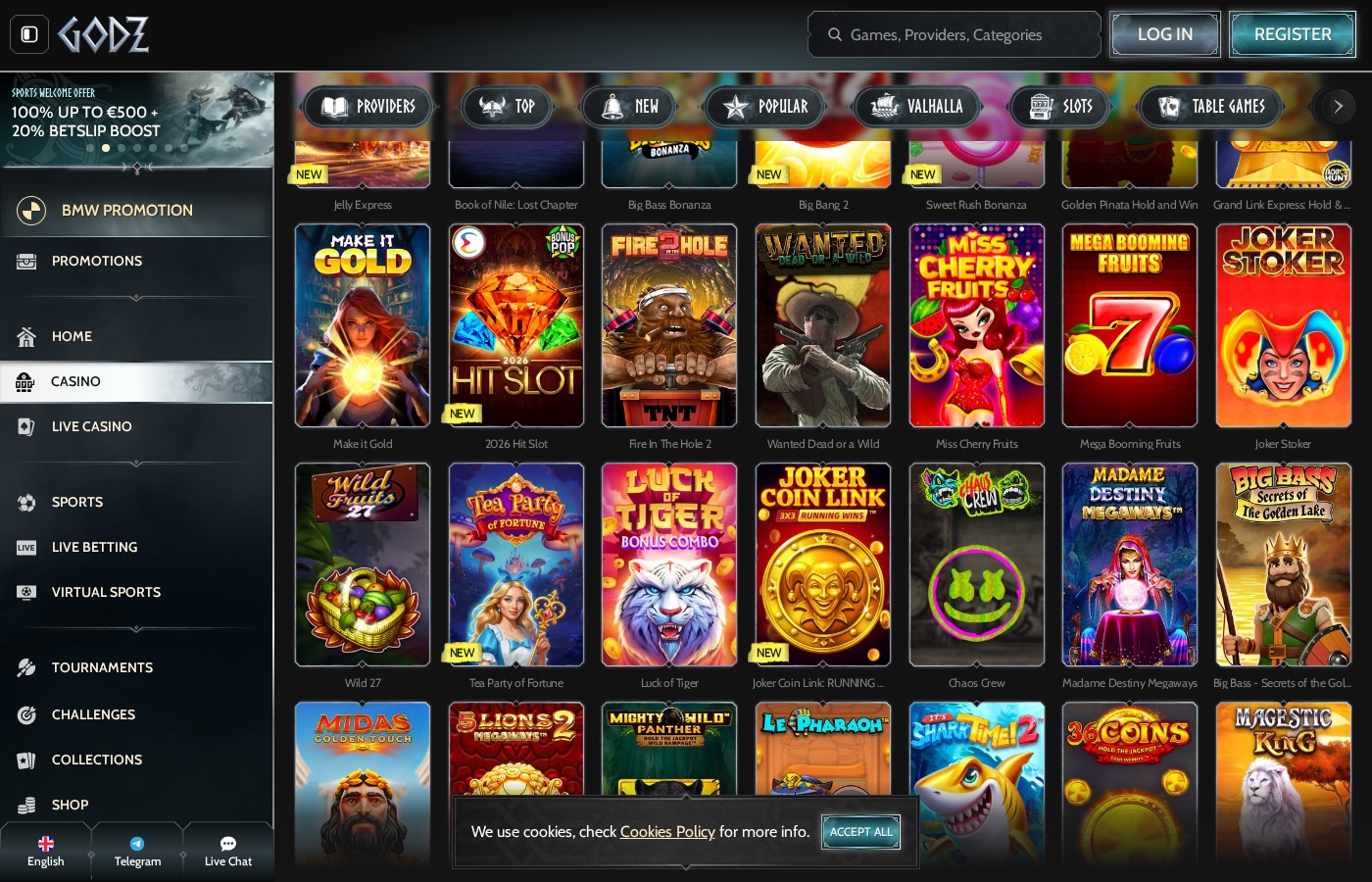 Page d’accueil de Godz Casino avec le bonus de bienvenue jusqu’à 2 000 € et 300 tours gratuits