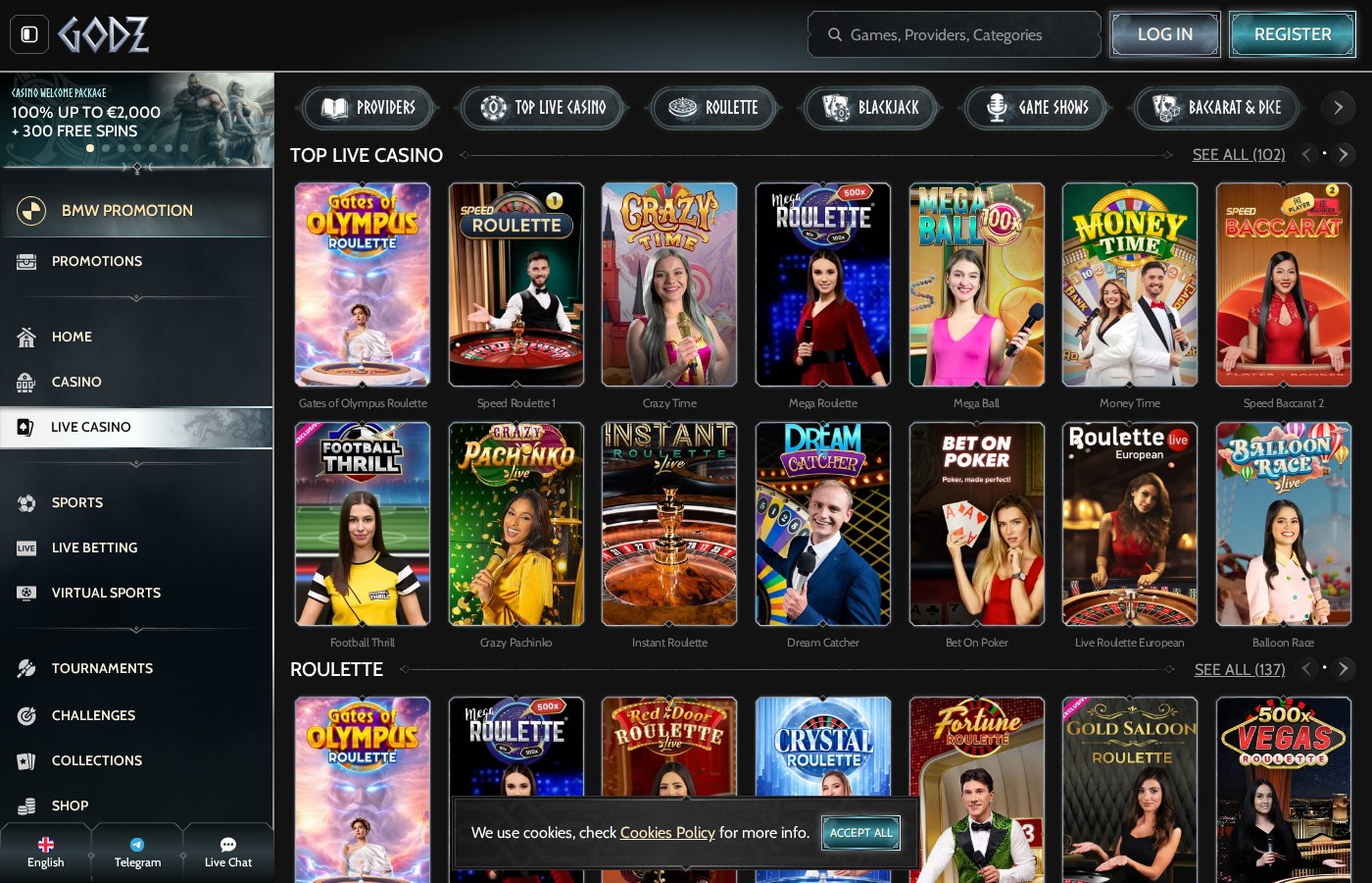 Casino en direct Godz : roulette, blackjack et game shows avec croupiers en direct